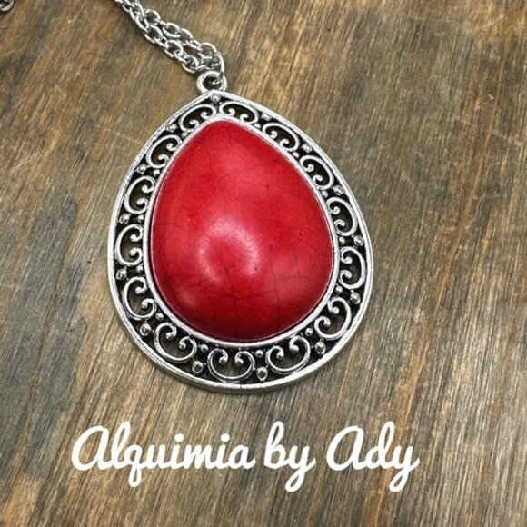 Ultra big red Turquoise Victorian style silver medallion necklace - Picture 1 of 8